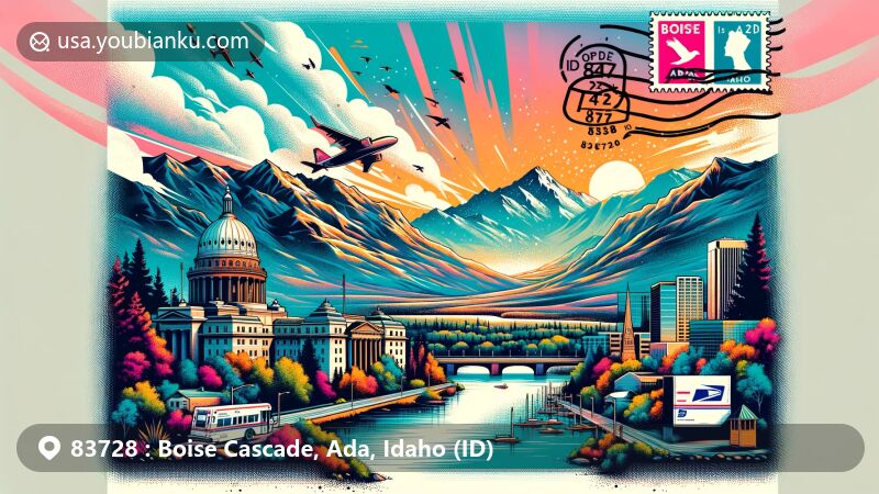 Modern illustration of Boise Cascade area in Ada County, Idaho, with Idaho State Capitol, Boise Mountains, and Boise River against a postal theme background, featuring vintage airmail envelope, Idaho State Capitol stamp, and ZIP code 83728 markings.