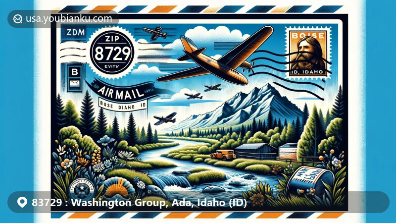 Modern illustration showcasing postal theme with ZIP code 83729 in Ada County, Idaho, featuring Boise River, Boise Range mountains, vintage air mail envelope with Idaho postal symbols.