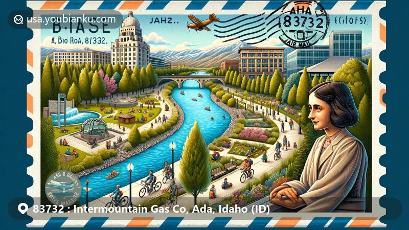 Modern illustration of Boise, Idaho, with landmarks like Boise River Greenbelt, Julia Davis Park, and Idaho Anne Frank Human Rights Memorial in a vibrant airmail envelope theme, emphasizing connection and communication.