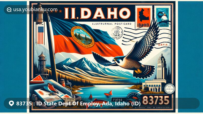 Modern illustration of Ada County, Idaho, highlighting ZIP code 83735 with vibrant Idaho state flag featuring state seal and peregrine falcon, symbolic of wildlife and scenic beauty.