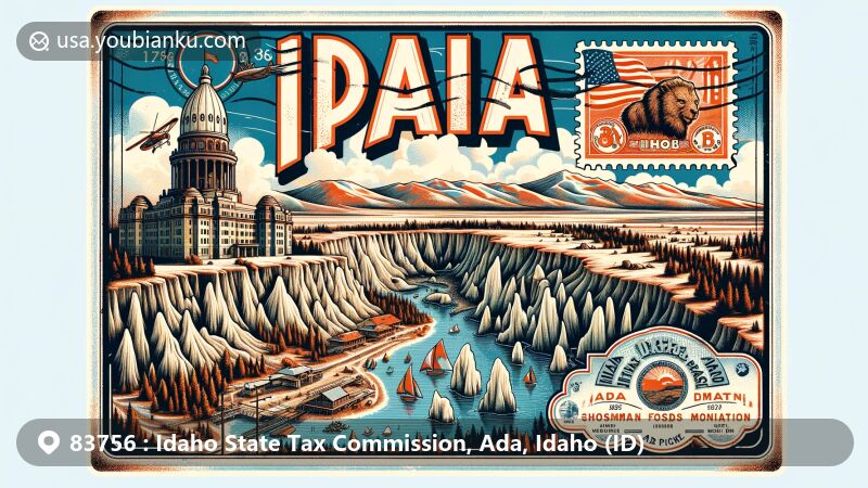 Modern illustration of Hagerman Fossil Beds National Monument, Shoshone Ice Caves, and City of Rocks National Reserve in Idaho's Ada County on a vintage-style postcard. Includes Idaho state flag, Nez Perce National Historical Park postage stamp, and postmark '83756, Idaho State Tax Commission, Ada, Idaho.'