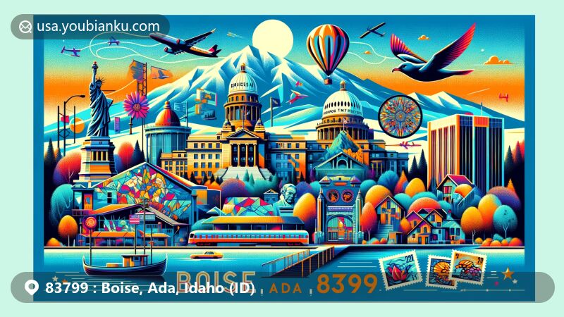 Modern illustration of Boise, Ada County, Idaho, highlighting iconic landmarks including Idaho State Capitol, Boise Train Depot, and Old Idaho Penitentiary, along with cultural elements like Basque museum and Boise Art Glass.