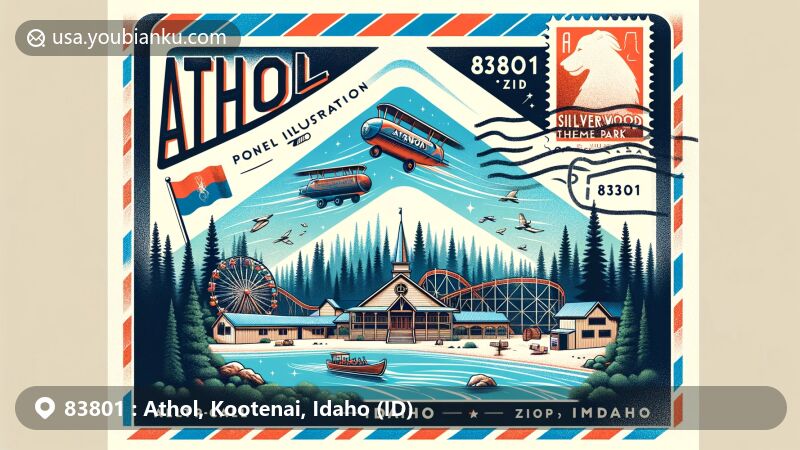 A creative illustration of Athol, Idaho, showcasing postal theme with ZIP code 83801, featuring Silverwood Theme Park and Idaho's natural landscapes.