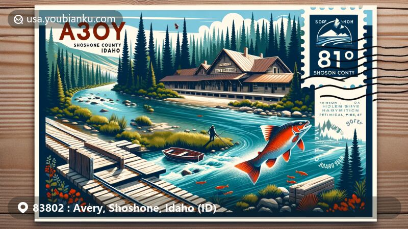 Modern illustration of Avery, Shoshone County, Idaho, highlighting nature themes like the St. Joe River and Idaho Panhandle National Forest, outdoor activities, and Avery Depot's historical importance.