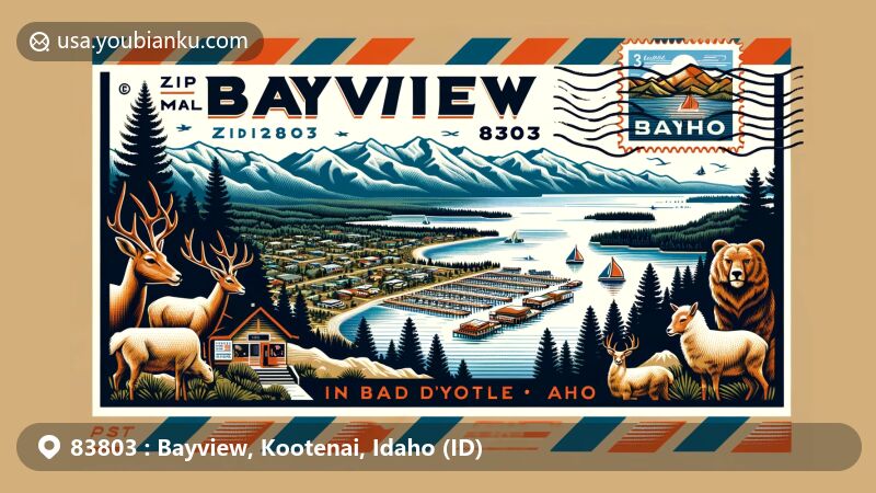 Modern illustration of Bayview, Idaho, representing ZIP code 83803, showcasing Farragut State Park at the foot of the Coeur d'Alene Mountains, Lake Pend Oreille, and a unique floating village, all within a postal-themed design.