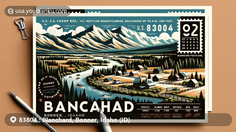 Modern illustration of Blanchard, Bonner County, Idaho, showcasing a scenic valley surrounded by mountains, postal elements like a stamp and postmark, and ZIP code 83804.
