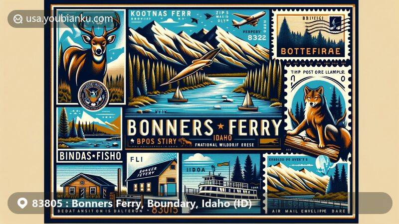 Modern illustration of Bonners Ferry, Idaho, showcasing postal theme with ZIP code 83805, featuring Kootenai River, mountain ranges, and rich history from trading post origins to lumber industry.