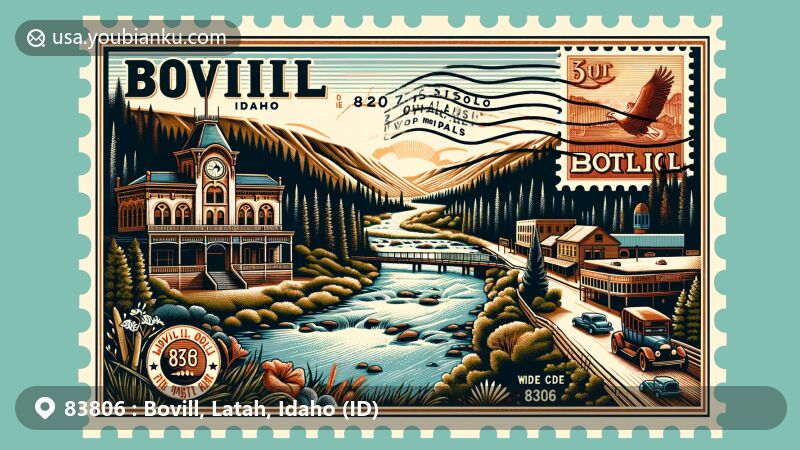 Modern illustration of Bovill, Idaho, featuring ZIP code 83806, showcasing town's history, natural beauty, and postal theme with Opera House, Potlatch River, vintage postal envelope with Bovill Hotel stamp and ZIP Code 83806 postal mark.