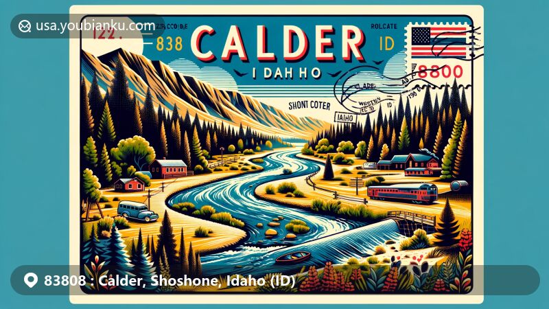 Modern illustration of Calder, Shoshone County, Idaho, showcasing postal theme with ZIP code 83808, featuring the scenic views of Saint Joe River and Idaho state symbols.