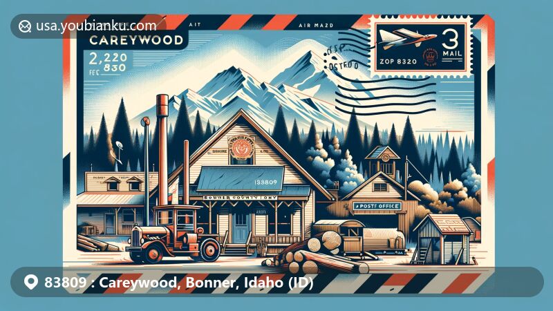 Modern illustration of Careywood, Bonner County, Idaho, highlighting scenic beauty with mountains and forests, referencing its Idaho location at 2,280 feet elevation, incorporating elements of logging history. Features an air mail envelope with postal symbols like stamp and ZIP code 83809, and a depiction of a post office building.