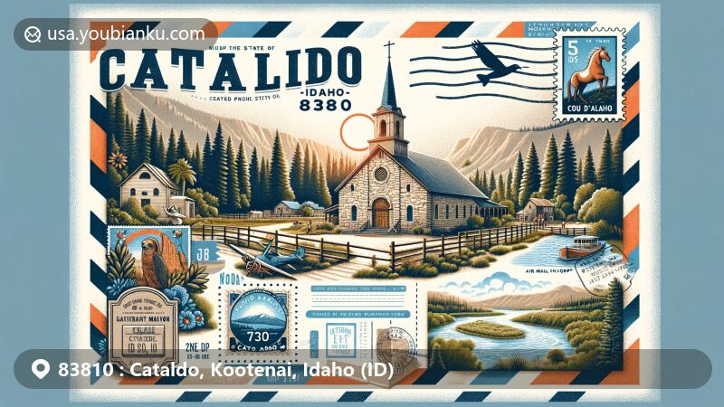 Modern illustration of Cataldo, Kootenai County, Idaho, featuring the iconic Cataldo Mission and symbols of Northern Idaho's natural landscape, set against a creative postcard backdrop with postal elements.