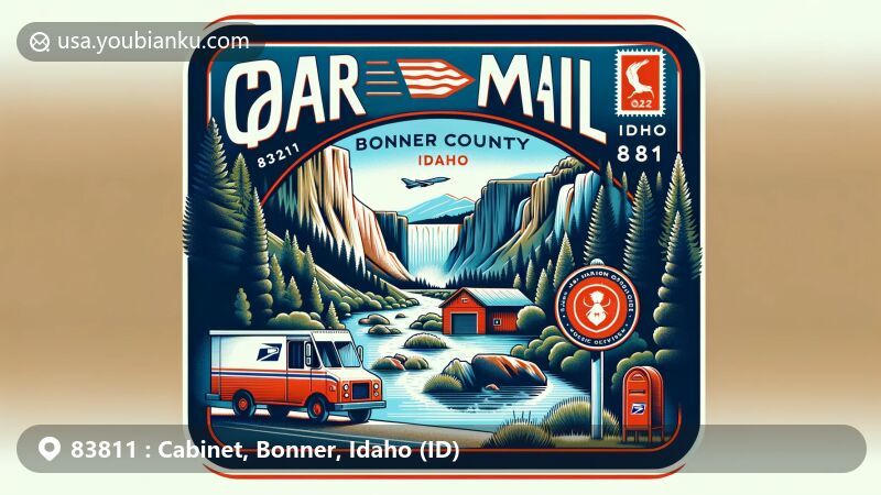 Modern illustration of Cabinet, Bonner County, Idaho, highlighting postal theme with ZIP code 83811, featuring Cabinet Gorge Fish Hatchery and scenic beauty of Bonner County.
