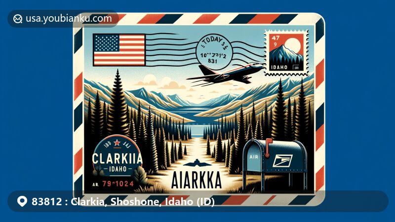Modern illustration of Clarkia, Idaho, blending natural elements like Douglas-firs, Pines, and Western Larches with postal elements such as a stamp, mailbox, and postmark, featuring geographical coordinates 47°00′39″N 116°15′11″W and ZIP code 83812.