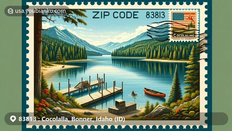 Modern illustration of Cocolalla, Idaho, highlighting the tranquil beauty of Cocolalla Lake, surrounded by lush greenery, with a canoe by a pier, and postal service elements symbolizing ZIP code 83813.