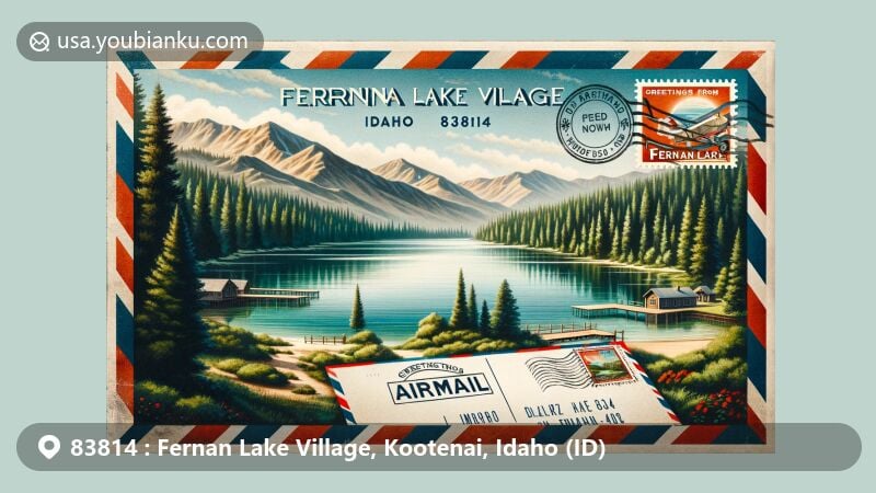Modern illustration of Fernan Lake Village, Idaho, portraying the serene landscape of northern Idaho with lush mountains and Fernan Lake, incorporating a vintage airmail envelope and postcard featuring the ZIP code 83814, complemented by Idaho state symbols.