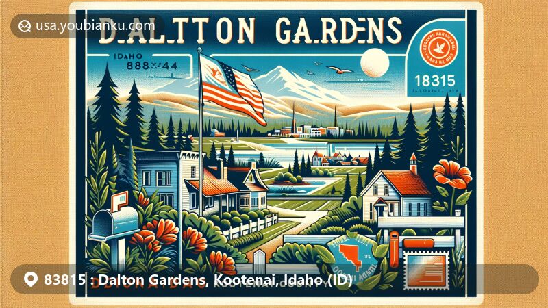 Modern illustration of Dalton Gardens, Kootenai County, Idaho, showcasing postal theme with ZIP code 83815, featuring Idaho state flag and natural beauty of Coeur d'Alene.