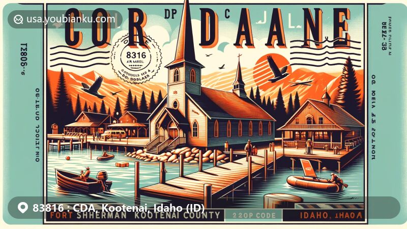 Creative illustration of Coeur d'Alene, Kootenai County, Idaho, featuring Fort Sherman Chapel, Cataldo Mission, and Coeur d'Alene Resort, merged with postal elements like vintage postcard and air mail envelope.