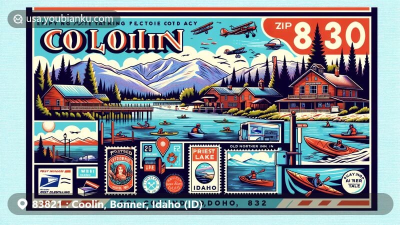 Vibrant illustration of Coolin, Idaho, showcasing postal theme with zip code 83821, featuring iconic Old Northern Inn amid scenic Selkirk Mountains and Priest Lake symbols.