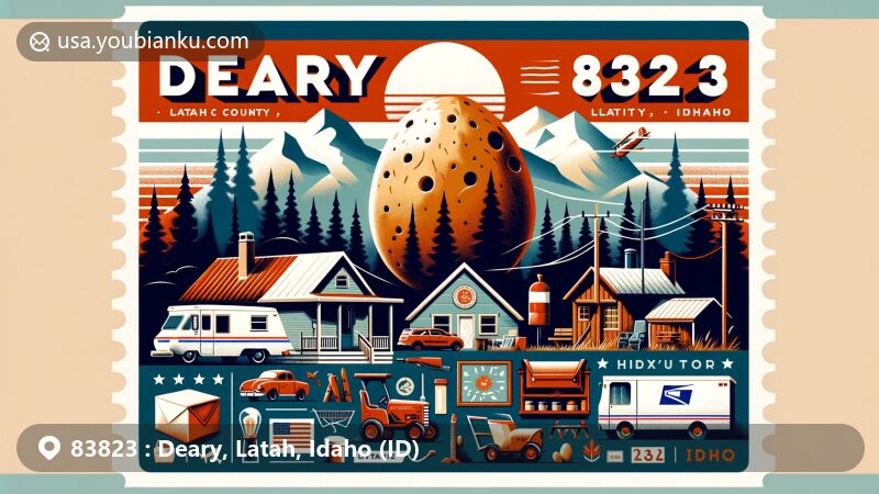 Modern illustration of Deary, Latah County, Idaho, featuring iconic landmark Potato Hill (Spud Hill) and nostalgic postal elements, symbolizing the area's connection to nature and outdoor activities.