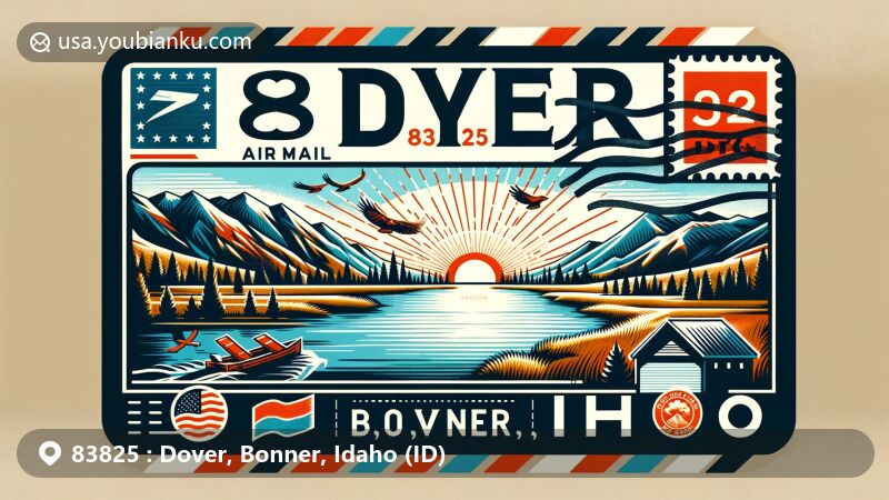 Modern illustration of Dover, Bonner, Idaho, featuring postal theme with ZIP code 83825, showcasing symbolic natural landscape, possibly mountains or lake, reflecting Idaho's outdoor beauty, including stamp, postmark, and state symbols.