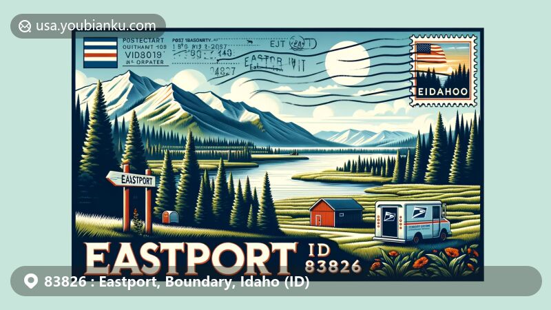 Modern illustration of Eastport, Idaho, blending postal elements with regional beauty, featuring forests, mountains, and Idaho state flag, with ZIP Code 83826.