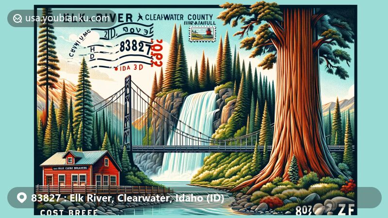 Modern illustration of Elk River area, Clearwater County, Idaho, showcasing Dent Bridge, Giant Cedar Grove, ancient Cedar tree, Elk Creek Falls, lush greenery, vintage sawmill, ZIP code 83827, Idaho state symbols.