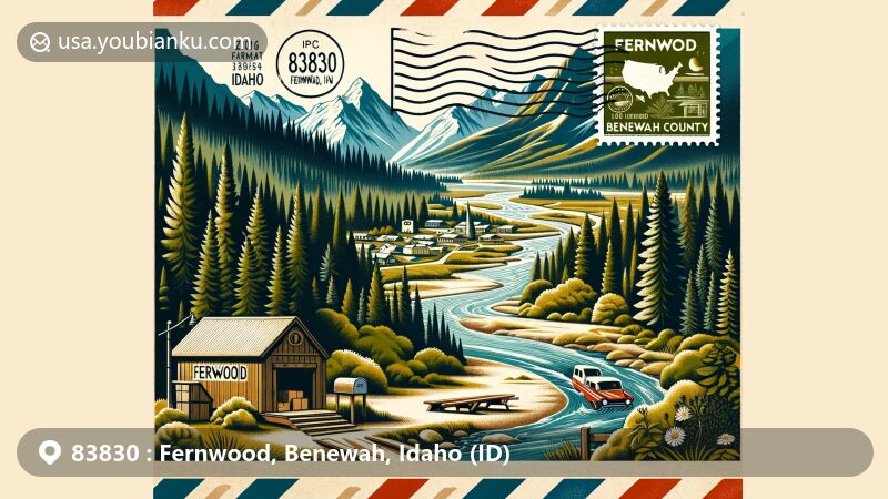 Modern illustration of Fernwood, Benewah County, Idaho, capturing the essence of ZIP code 83830, integrating natural beauty and postal elements, showcasing Idaho and Benewah County symbols.