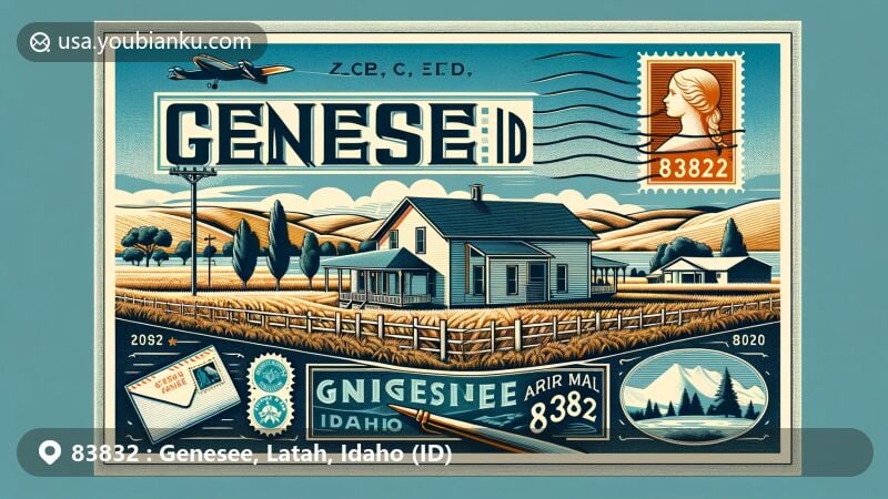 Modern illustration of Genesee, Latah County, Idaho, featuring White Spring Ranch, a historical farmhouse and gathering site, set in the picturesque Palouse region known for rolling hills and grain production, merged with postal elements and ZIP code 83832.