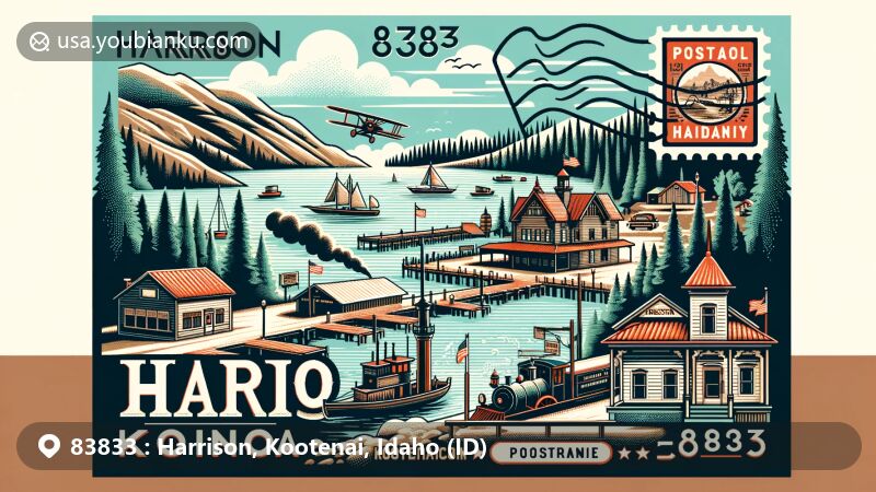Modern illustration of Harrison, Kootenai County, Idaho, featuring postal theme with ZIP code 83833, showcasing town's rich history and community spirit, including vintage post office, sawmills, steamboat 