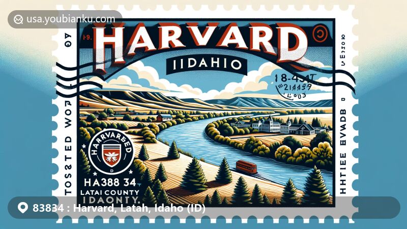 Modern illustration of Harvard, Idaho, in Latah County, showcasing Palouse River and picturesque landscapes of the Palouse region, coupled with postal elements like postage stamp, postal mark, and ZIP code 83834.