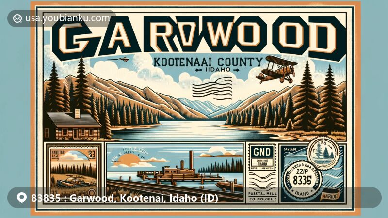 Modern illustration of Garwood, Kootenai County, Idaho, featuring Coeur d'Alene Lake, logging industry symbols, railroad elements, Idaho's natural landscapes, and a postal theme with ZIP code 83835 and state flag.