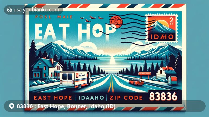 Modern illustration of East Hope, Idaho, featuring air mail envelope with ZIP code 83836, showcasing Lake Pend Oreille and Idaho state symbols.