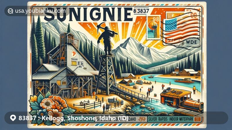 Modern illustration of Kellogg, Shoshone, Idaho (ID), showcasing historical and natural beauty, featuring Sunshine Mine, Rocky Mountains, and Panhandle National Forest in a vintage airmail envelope with Idaho state symbols.