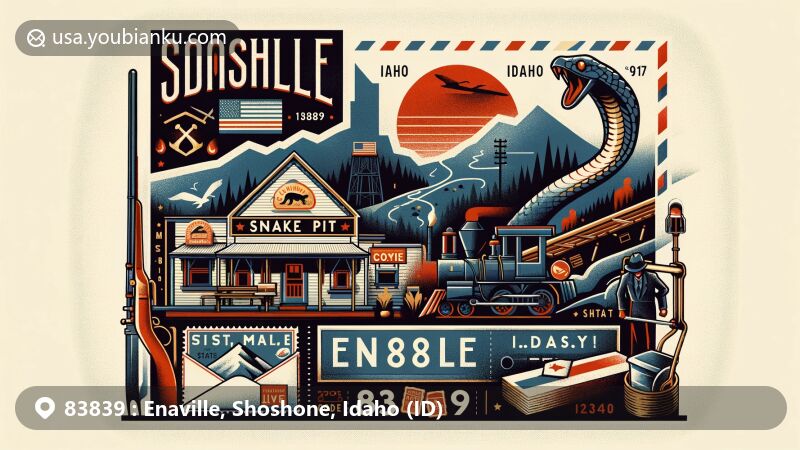 Modern illustration of Enaville area, Shoshone County, Idaho, featuring historic Snake Pit restaurant, Idaho state silhouette, airmail envelope, vintage postage stamp with state flag, and ZIP Code 83839.