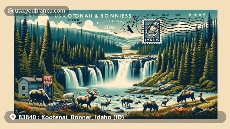 Modern illustration of Kootenai and Bonner counties, Idaho, highlighting postal heritage and natural beauty, including Kootenai National Wildlife Refuge with moose and elk, Snow Creek Falls, and Copper Falls.