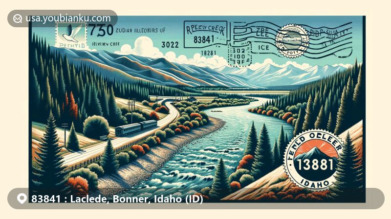 Modern illustration of Laclede, Idaho, Bonner County, with ZIP code 83841, showcasing Pend Oreille River and forested lands, featuring postal-themed design with vintage postage stamp and postal marks.