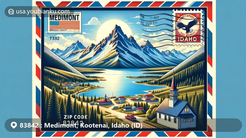 Modern illustration of Medimont, Kootenai County, Idaho, showcasing postal theme with ZIP code 83842, featuring Medimont community, Cave Lake, and Medicine Mountain.