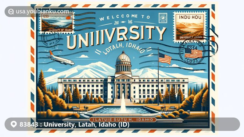 Modern illustration of University area, Latah County, Idaho, highlighting ZIP code 83843 with postcard and airmail envelope design, featuring University of Idaho Administration Building in the Palouse region and Idaho state flag.