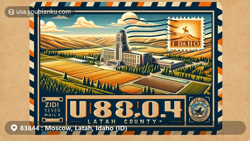 Modern illustration of Moscow, Idaho, showcasing University of Idaho as state's premier research university, surrounded by Palouse region's hills and farmlands, honoring Latah County's agricultural heritage.