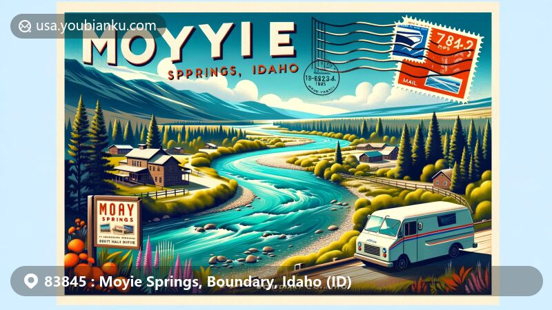 Modern illustration of Moyie Springs, Boundary County, Idaho, showcasing natural beauty and postal theme with ZIP code 83845, featuring confluence of Moyie and Kootenai rivers and scenic landscape.