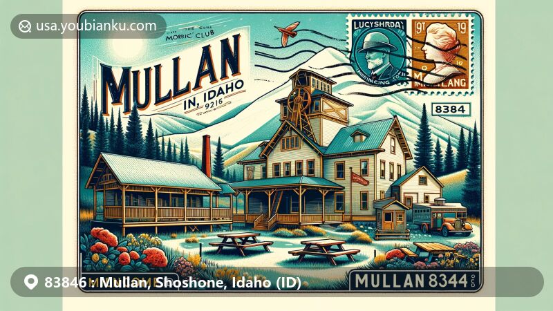 Modern illustration of Mullan, Idaho, showcasing mining heritage with Lucky Friday mine, Morning Club building, and Shoshone Park Picnic Area from the CCC era, integrated with postal theme featuring vintage postcard layout, John Mullan postage stamp, and postal mark.