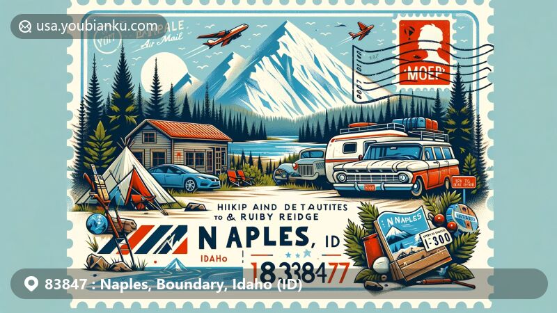 Modern illustration of Naples, Boundary County, Idaho, showcasing postal theme with ZIP code 83847, featuring outdoor activities, Rocky Mountains, and historical significance of Ruby Ridge.