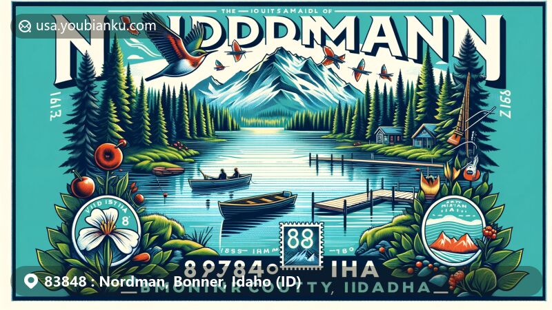 Modern illustration of Nordman, Bonner County, Idaho, highlighting natural beauty with lush forests, lakes, Selkirk Mountains backdrop, featuring outdoor activities like fishing, hiking, skiing. Vintage postcard format, postage stamp with Idaho state symbols, ZIP code 83848.