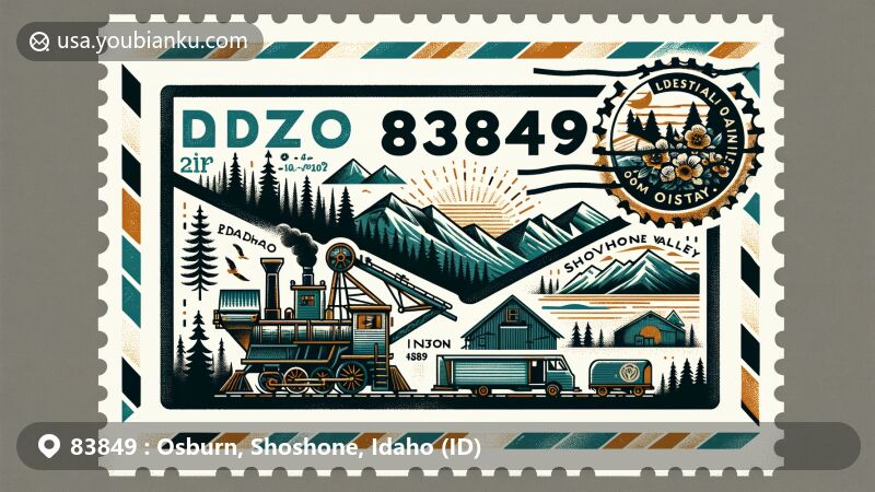 Vintage-style illustration of Osburn, Idaho, showcasing postal theme with ZIP code 83849, featuring Silver Valley mining heritage, Idaho's outline, and Shoshone County symbols.