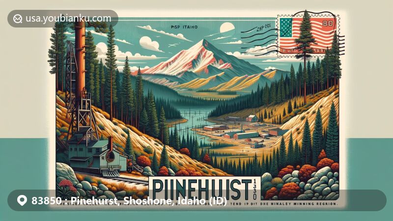 Modern illustration of Pinehurst, Shoshone, Idaho (ID), highlighting natural beauty and mining heritage, featuring scenic views, lush forests, mountainous terrain, and subtle mining history elements.