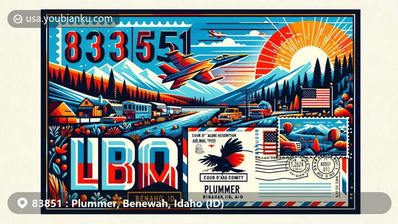 Modern illustration of Plummer, Benewah, Idaho, for ZIP code 83851, featuring Coeur d'Alene Reservation, Idaho state flag, and Benewah County silhouette, with postal elements like stamp, postmark, and postal vehicle, set amidst Plummer's scenic natural beauty.