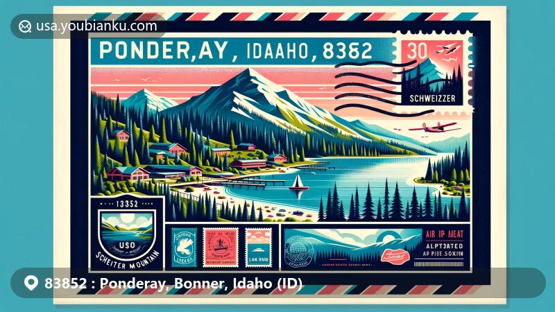 Modern illustration of Ponderay, Bonner County, Idaho, featuring postal theme with ZIP code 83852, highlighting Schweitzer Mountain and Lake Pend Oreille.