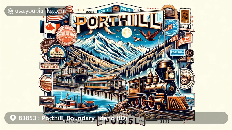 Modern illustration of Porthill, Boundary, Idaho, showcasing postal theme with ZIP code 83853, featuring Rocky Mountains, Porthill-Rykerts Border Crossing, vintage train, Porthill ferry, Kootenai River, US Customs house, postal elements, and vibrant palette.