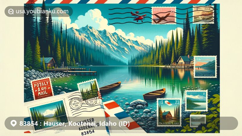 Modern illustration of Hauser Lake, Hauser, Kootenai County, Idaho, blending postal theme with ZIP code 83854, showcasing lush greenery and vintage air mail elements.