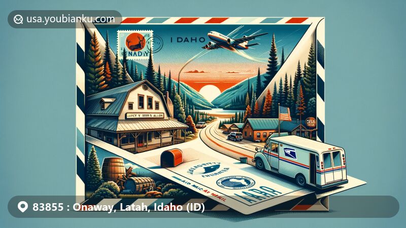 Modern illustration of Onaway, Latah County, Idaho, showcasing airmail envelope with ZIP code 83855, highlighting timber industry, Lucky Seven Saloon, and postal elements, set against Idaho's outline and state flag.